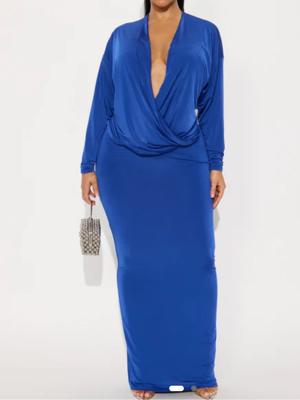 Fashion Nova Blue Plunge Long Sleeve Maxi Dress
